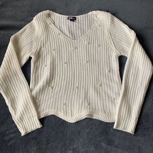 WHITE PEARL EMBELLISHED CROP SWEATER